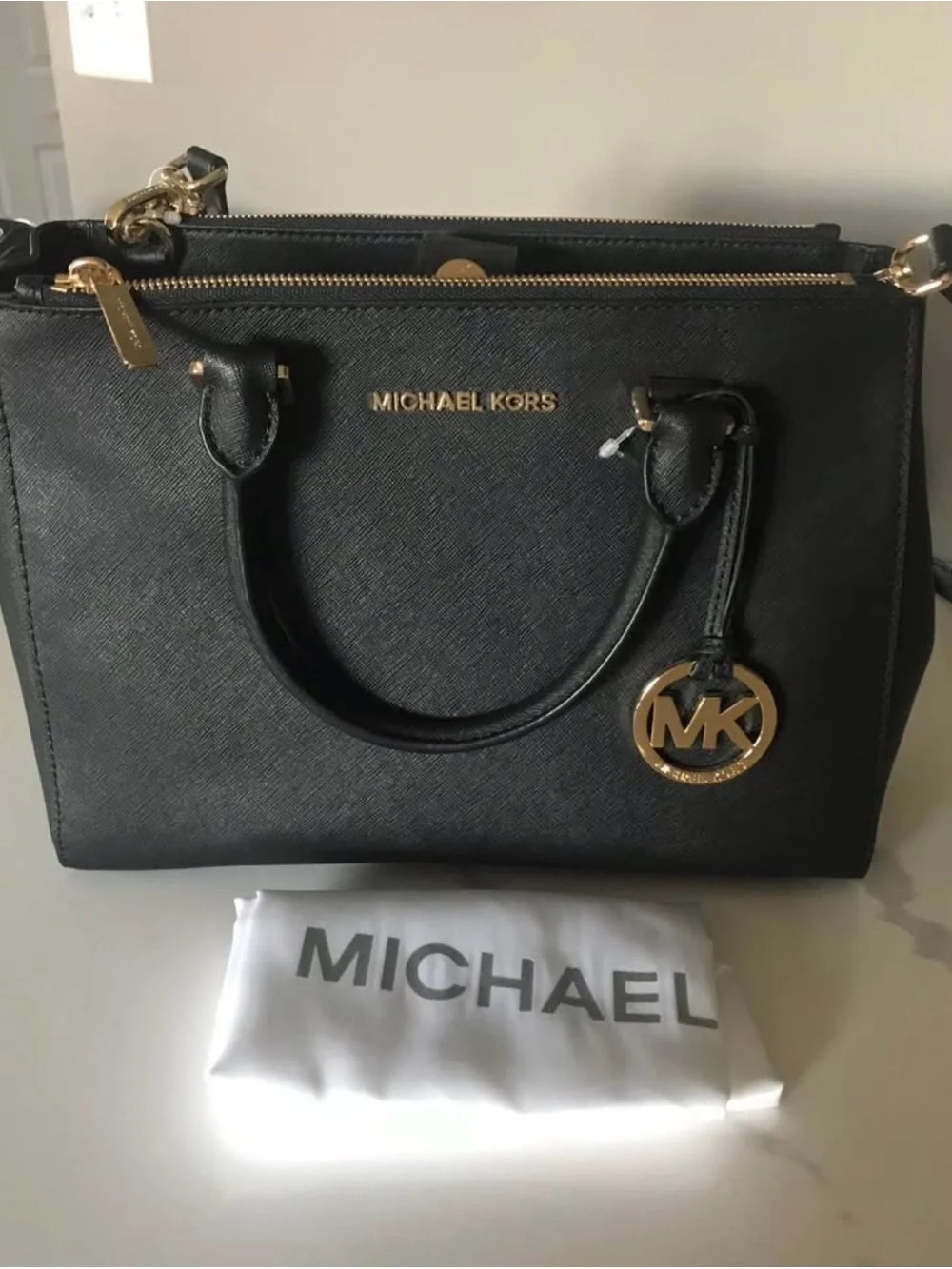 MICHAEL KORS Black Saffiano Leather Satchel with Gold Hardware